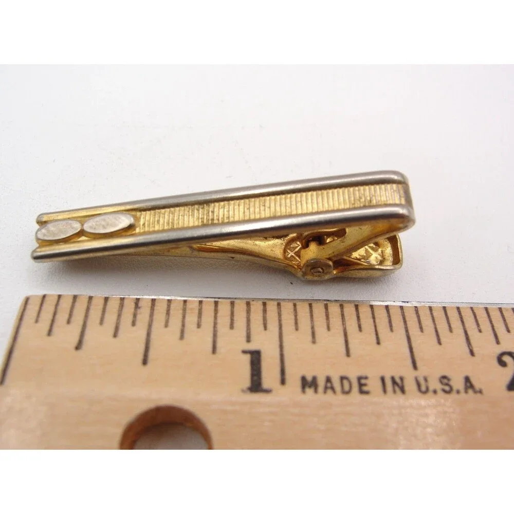 Vintage Two Tone Gold Silver Textured Tie Clip Bar Oval MCM Mens Wedding Jewelry